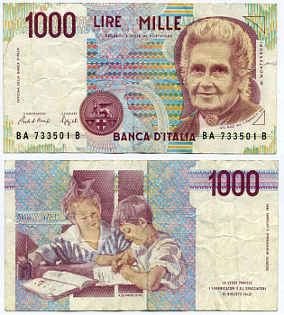 Италия 1000 лир 1990 Мария Монтессори Pick 114а бумага 8612-26-1-2