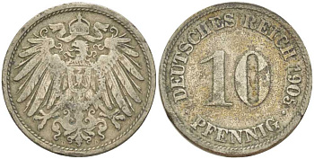 Германия 10 пфеннигов 1905 D KM 12, J. 13, Weege 8 медно-никель 259-847