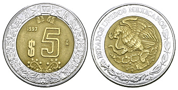 МЕКСИКА 5 ПЕСО 1997 KM 605 биметалл 4385-555