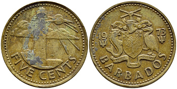 Барбадос 5 центов 1973 маяк Саут-Пойнт KM 11 латунь 4398-442