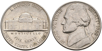 США 5 центов 1962 D, Джефферсон KM А192 медно-никель 92-1045
