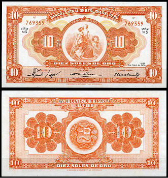 Перу 10 солей 1956 сидящая свобода, Giesecke & Devrient, серия M3 Pick 77  бумага  UNC (пресс) 451-806-3