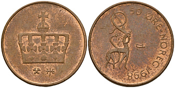 Норвегия 50 эре 1998 Харальд V (1991- ) KM 460 бронза 4154-824