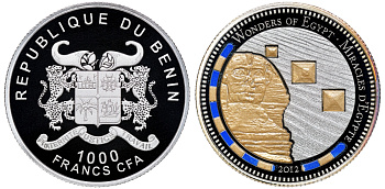 Бенин 1000 франков 2012 серия сокровищая Египта, пирамиды, сфинкс, цветная эмаль серебро PROOF 1087-8-35