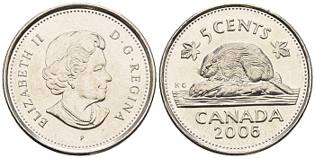 Канада 5 центов 2006 Елизавета II (1952-2022), бобер KM 491 сталь плакированная никелем 4609-446