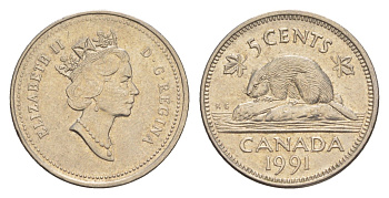 Канада 5 центов 1991 Елизавета II (1952-2022), бобр, редкий год KM 182 медно-никель 4636-621
