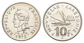 Французская Новая Каледония 10 франков 1972 лодка KM 11 никель UNC 4641-151