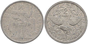 Французская Новая Каледония 2 франка 2009 птица кагу, (IEOM) KM 14, Schoen 11 алюминий    29-543