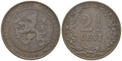 Нидерланды 2 1/2 цента 1906 Вильгельмина (1890-1948) KM 134 бронза 4582-1146
