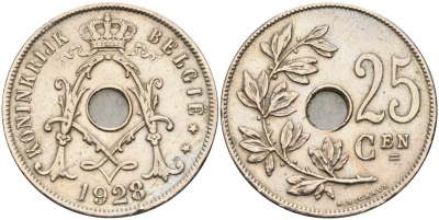 Бельгия 25 сантимов 1928 BELGIE, Альберт I KM 69 медно-никель 4591-853
