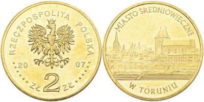 Польша 2 злотых 2007 MW, средневековое место в Торуне (TORUNIO) KM 622 латунь 4586-1251