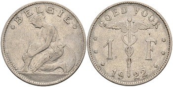 Бельгия 1 франк 1922 Belgique, Альберт I (1910-1934) KM 89 никель 4143-552