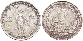 МЕКСИКА 1/20 УНЦИИ 1992 Мо, СИМВОЛ СВОБОДЫ, ПРОБА 999, ВЕС 1,5551 ГР.ТИРАЖ 295783 ЭКЗ. KM 542 серебро 1085-6-42