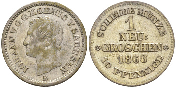 Саксония 1 новый грош 1868 В, Иоганн (1854-1873), Альбертинская линия KM 1221, Jaeger 129, AKS 148 серебро 4384-1156