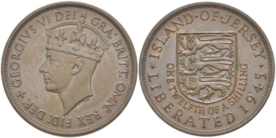 Джерси 1/12 шиллинга 1945 Георг VI (1937-1952), освобождение Джерси KM 19 бронза 3996-511