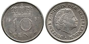Нидерланды 10 центов 1951 Юлиана (1949-1980) KM 182 никель 75-1019
