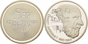 ШВЕЙЦАРИЯ 5 ФРАНКОВ 1983 100 ЛЕТ СО ДНЯ РОЖДЕНИЯ ЭРНЕСТА АНСЕРМЕ KM 62 медно-никель PROOF 1087-3-23