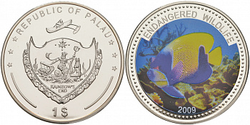 Палау 1 доллар 2009 серия вымирающие виды, рыба ангел, цветная эмаль KM 283 медно-никель PROOF M39-18