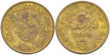 Хорватия 5 лип 1993 дуб, легенда на хорватском KM 5 сталь плакированная латунью 187-441