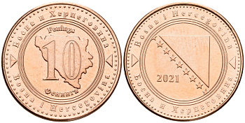 Босния и Герцеговина 10 фенигов 2021 KM 115 сталь плакированная медью UNC 4602-1025