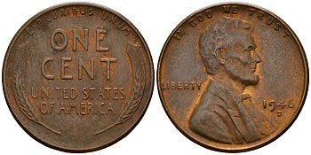 США 1 цент 1946 D, Авраам Линкольн KM A132 латунь 4121-835