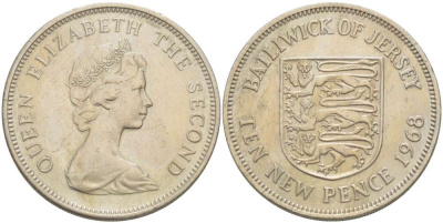 ДЖЕРСИ 10 ПЕНСОВ 1968 ЕЛИЗАВЕТА II (1952-) KM 33 медно-никель 4521-231