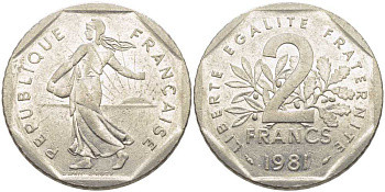 ФРАНЦИЯ 2 ФРАНКА 1981 СЕЯТЕЛЬ KM 942.1, LE FRANC 272.5 никель 111-1114