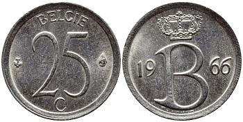 Бельгия 25 сантимов 1966 Belgie, Бодуэн I (1951-1993) KM 154.1 медно-никель 4392-858