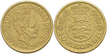 ДАНИЯ 10 КРОН 1999 LG; JP; A, МАРГРЕТЕ II (1972-) KM 877 алюминиевая бронза 67-724