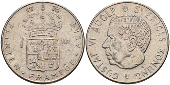 Швеция 1 крона 1973 U, Густав VI Адольф (1950-1973) KM 826a медь плакированный медно-никелем 4150-343