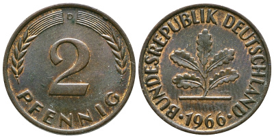 ФРГ 2 пфеннига 1966 D KM106, J.381 бронза 54-1044