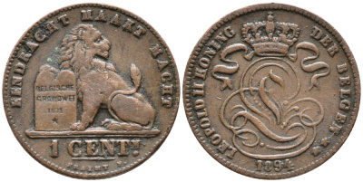 БЕЛЬГИЯ 1 САНТИМ 1894 KM 34.1 медь 100-457