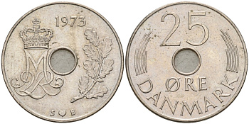 Дания 25 эре 1973 S; B, Маргрете II (1972- ) KM 861.1 медно-никель 4148-253