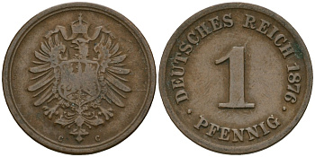 Германия 1 пфенниг 1876 C, Вильгельм I (1871-1888) KM 1, J. 1 медь 4136-1267