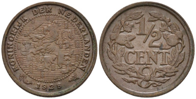 Нидерланды 1/2 цента 1928 Вильгельмина (1890-1948) KM 138 бронза 4588-949
