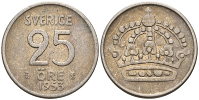 Швеция 25 эре 1953 TS, Густав VI Адольф (1950-1973) KM 824 серебро 4147-1032