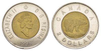 Канада 2 доллара 1996 Елизавета II (1952-2022), полярный медведь KM 270 биметалл UNC 4637-1024