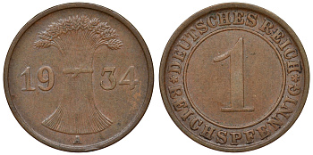 Германия 1 рейхспфенниг 1934 A KM 37, J. 313 бронза 4124-127