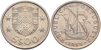 Португалия 5 эскудо 1985 парусник KM 591 медно-никель 4556-1211