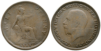 Великобритания 1/2 пенни 1929 Георг V (1910-1936) KM 837 Spink 4058 бронза 08-731