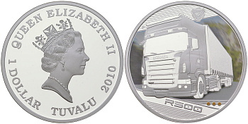 Тувалу 1 доллар 2010 серия грузовые автомобили, короли дорог, R500 Scania, цветная термопечать KM 141 серебро  PROOF  1091-6-33