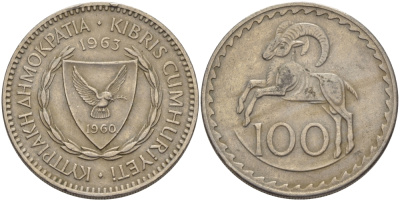 КИПР 100 МИЛСОВ 1963 ЕВРОПЕЙСКИЙ МУФЛОН KM 42 медно-никель 82-634