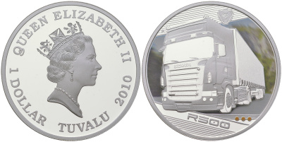 Тувалу 1 доллар 2010 серия грузовые автомобили, короли дорог, R500 Scania, цветная термопечать KM 141 серебро  PROOF  1091-6-33