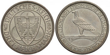 Германия 3 марки 1930 J, освобождение Рейнлянда J. 345, KM 70 серебро aUNC 00-814-74