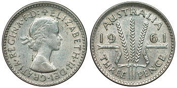 Австралия 3 пенса 1961 m, Елизавета II (1952-2022) KM 57 серебро 71-718
