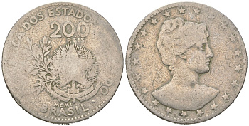 Бразилия 200 реалов 1901 MCMI, голова свободы вправо KM 504 медно-никель 4612-134