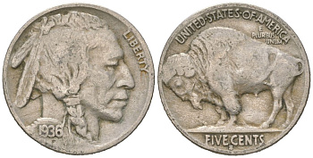 США 5 центов 1936 S, индеец, бизон KM 134 медно-никель 4614-1249