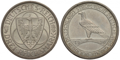 Германия 3 марки 1930 J, освобождение Рейнлянда J. 345, KM 70 серебро aUNC 00-814-74