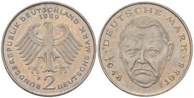ФРГ 2 марки 1989 F, Людвиг Эрхард, 40 лет Федеративной Республике KM 170 медно-никель 4572-1125