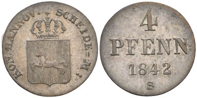 Ганновер 4 пфеннига 1842 Эрнст Август (1837-1851) KM 177, AKS 121, Jaeger 45 серебро 413-3921